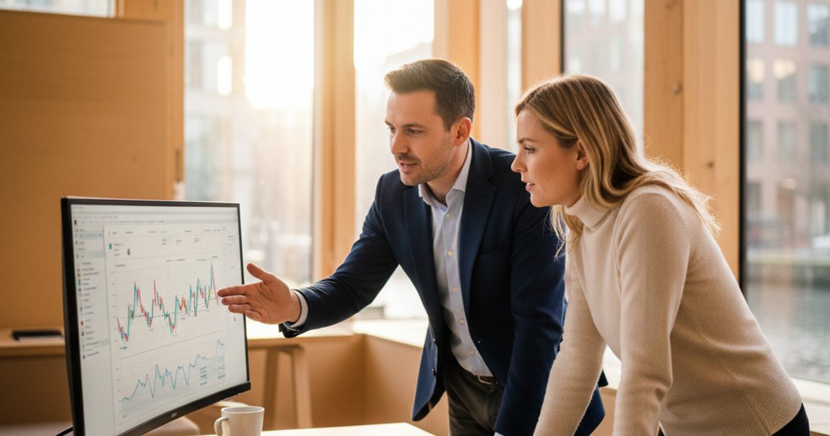 Twee zakelijke professionals bekijken financiële rapporten op groot beeldscherm modern Nederlands kantoor