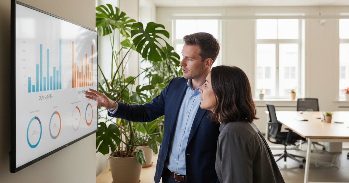 Twee mensen achter laptop kijken naar dashboard met grafieken en data-vergelijkingen tussen oud en nieuw systeem