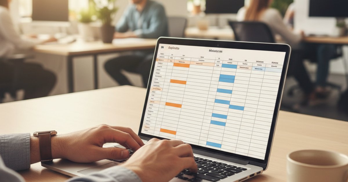 Close-up van handen aan toetsenbord met spreadsheet data-overzicht en gemarkeerde duplicaten op scherm