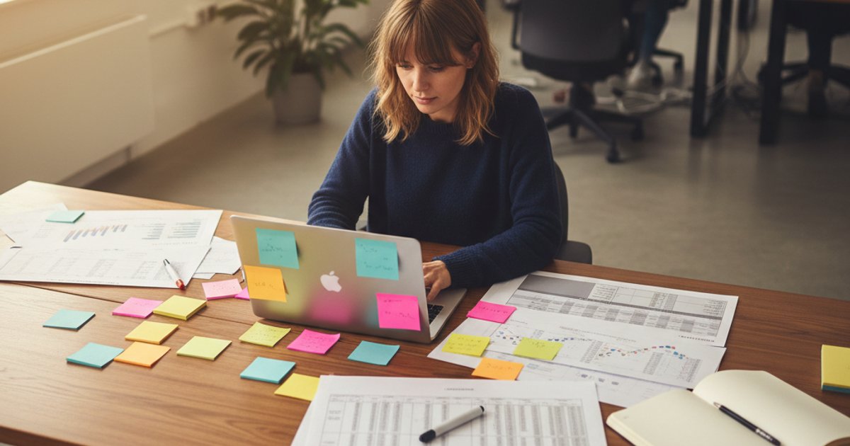 Kantoormedewerker achter laptop met spreadsheets en kleurgecodeerde post-its voor datamigratie planning