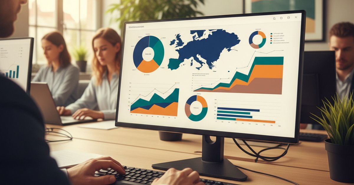 Dashboard met omzet en BTW grafieken per EU-land op groot scherm