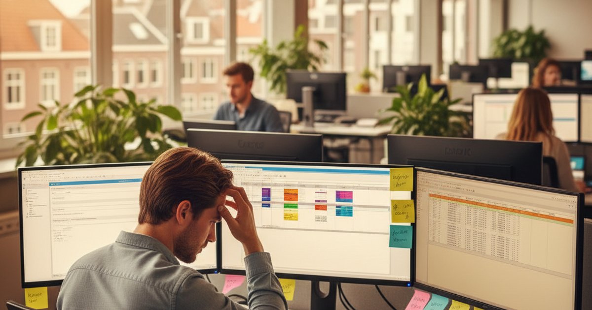 Kantoormedewerker met meerdere schermen en handmatige dataverwerking IT landschap