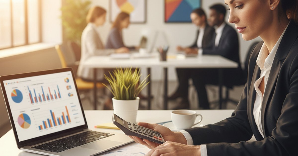 Ondernemer berekent ROI van systeemintegratie aan bureau met rekenmachine en grafieken