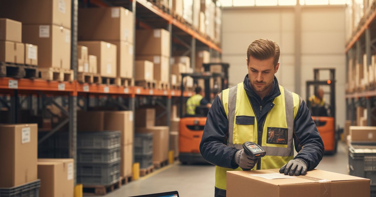 Magazijnmedewerker scant pakketten met handheld scanner naast laptop met order dashboard