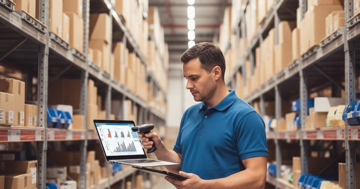 Magazijnmedewerker scant producten met barcodescanner naast laptop met WMS orderdashboard