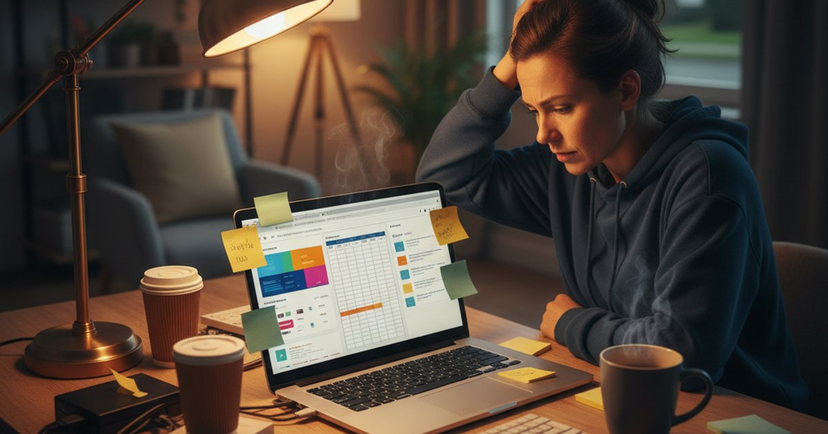 Ondernemer werkt 's avonds laat met spreadsheets en orderbevestigingen voor voorraadbeheer