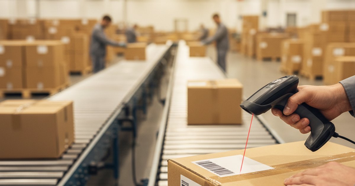 Barcodescanner scant verzendetiket in professioneel magazijn met voorraadbeheersysteem