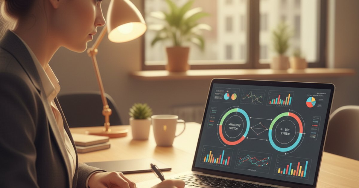 Business professional bekijkt financiële dashboards op laptop met AFAS en HubSpot data kantooromgeving