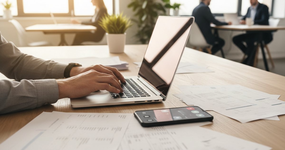 Close-up handen typen op laptop met facturen en orderbevestigingen moderne werkplek