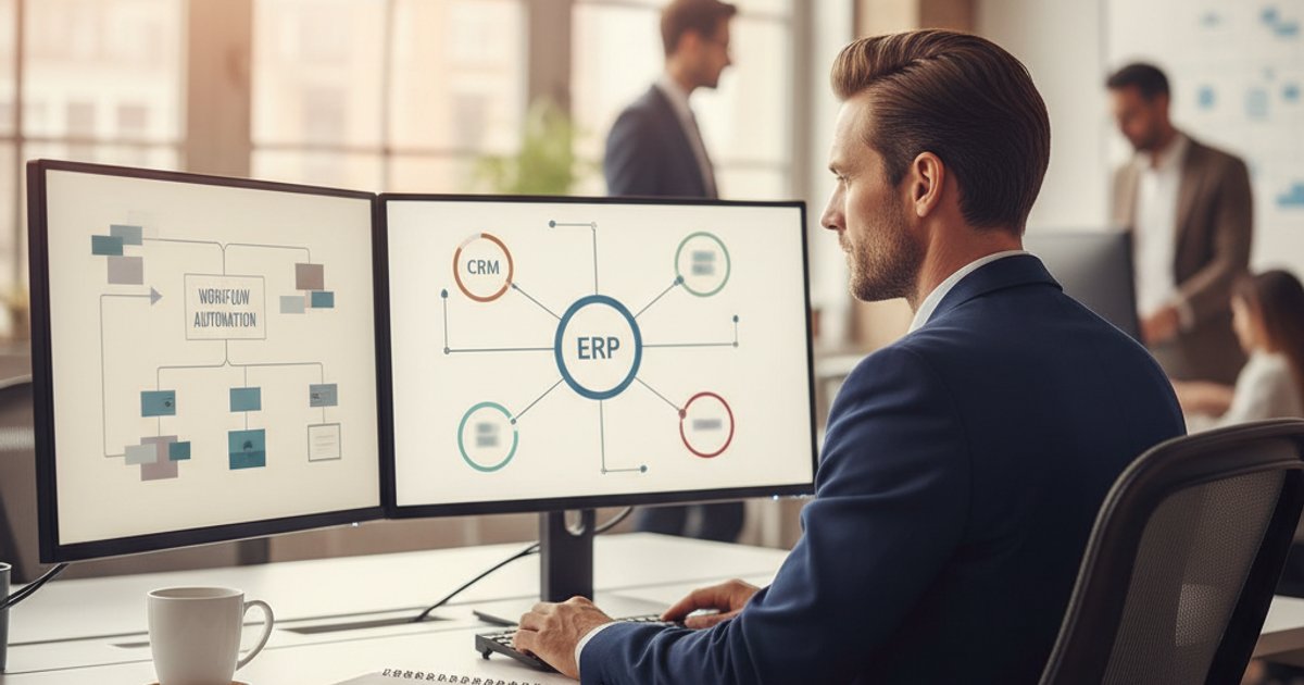 Kantoormedewerker bekijkt systeemintegraties en data-koppelingen tussen bedrijfssoftware