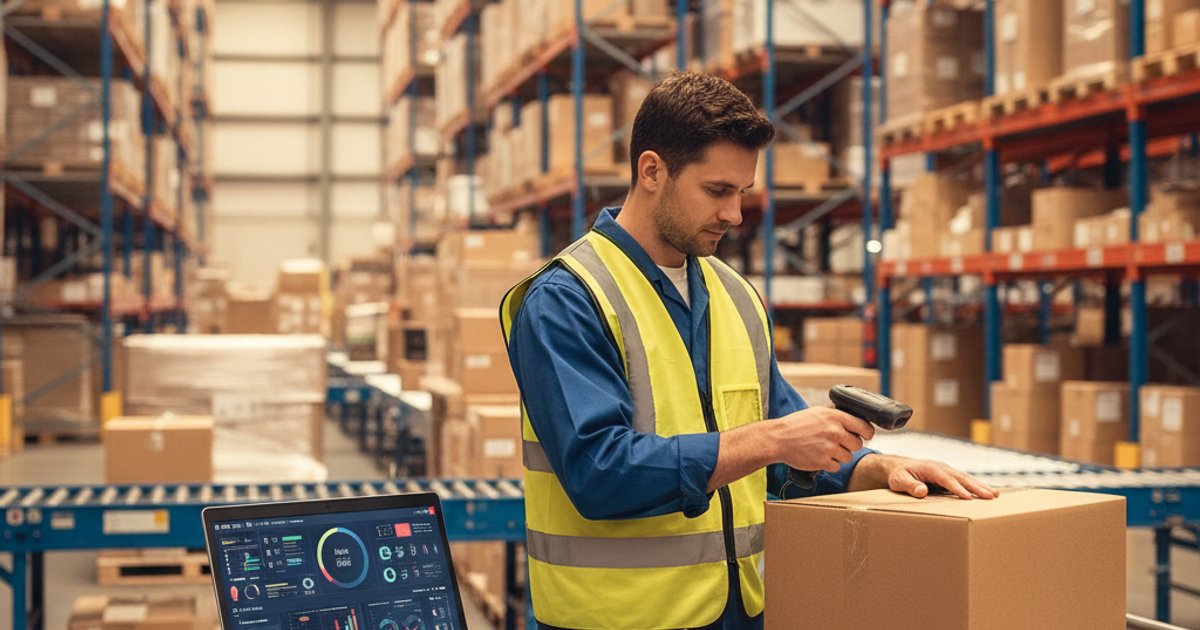 Magazijnmedewerker scant pakket met voorraadsysteem synchronisatie via ETL-proces