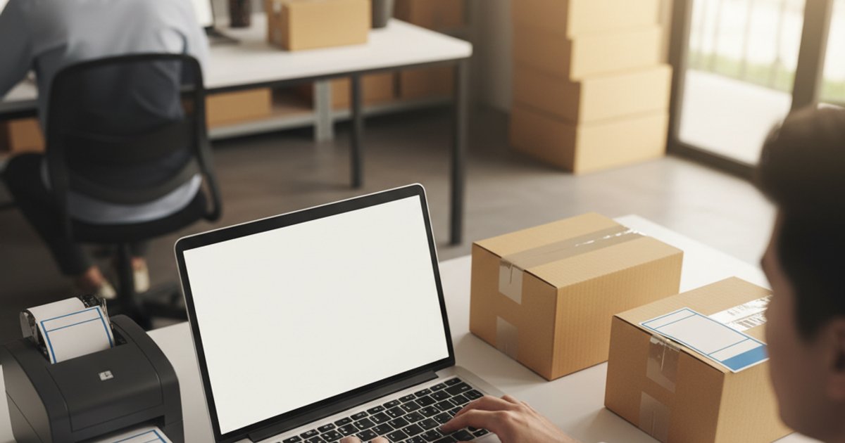 Close-up van handen die typen op laptop met verzendlabels en kartonnen dozen op bureau, helder modern kantoor