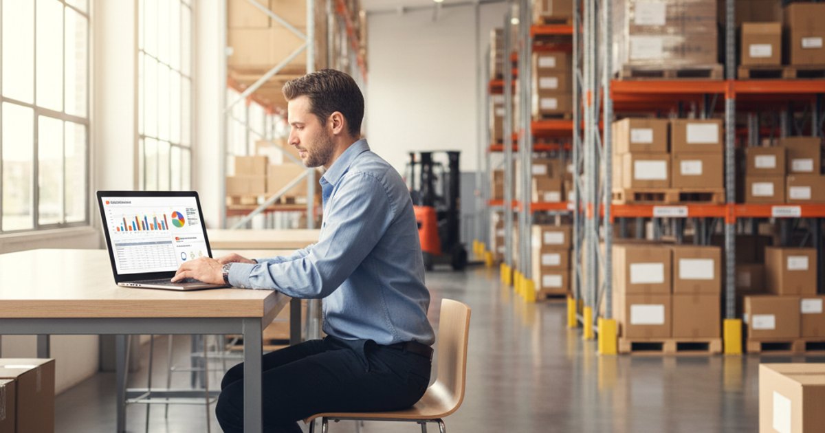 Webshop eigenaar achter laptop met orderscherm en AFAS dashboard, moderne kantooromgeving met pakketjes