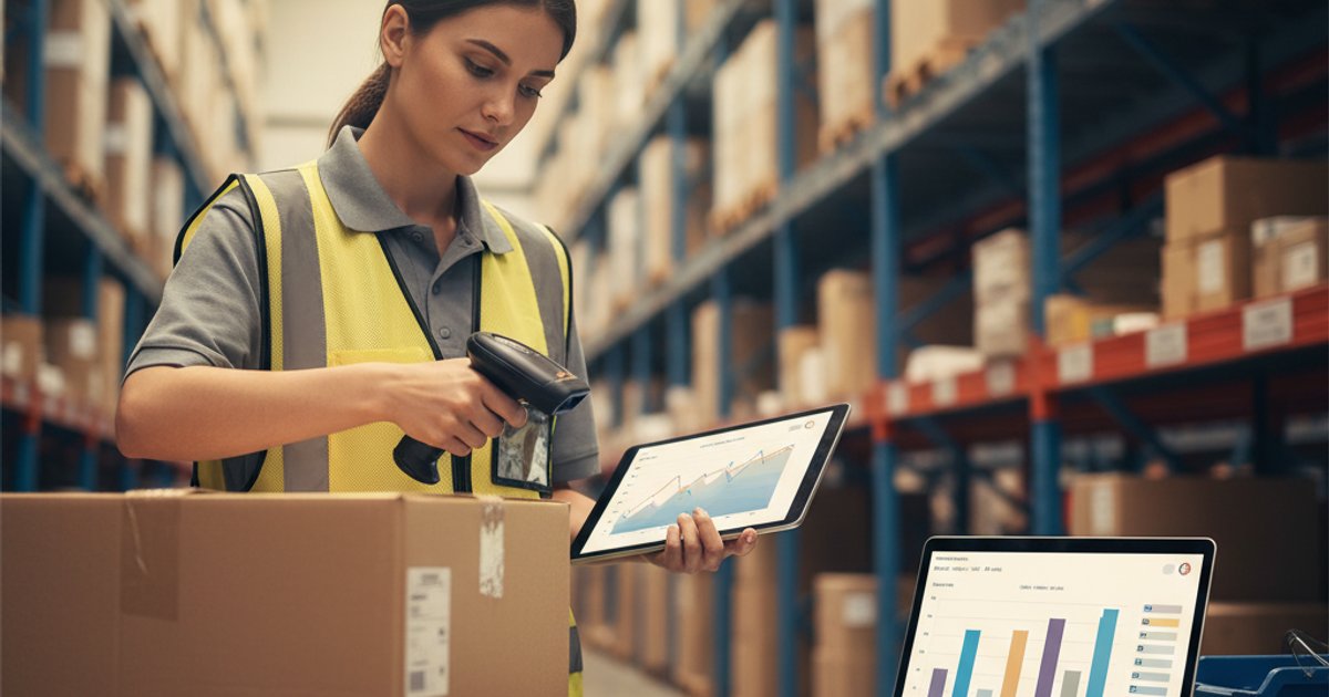 Magazijnmedewerker scant pakket met barcodescanner naast laptop met voorraadscherm, moderne warehouse met stellingen