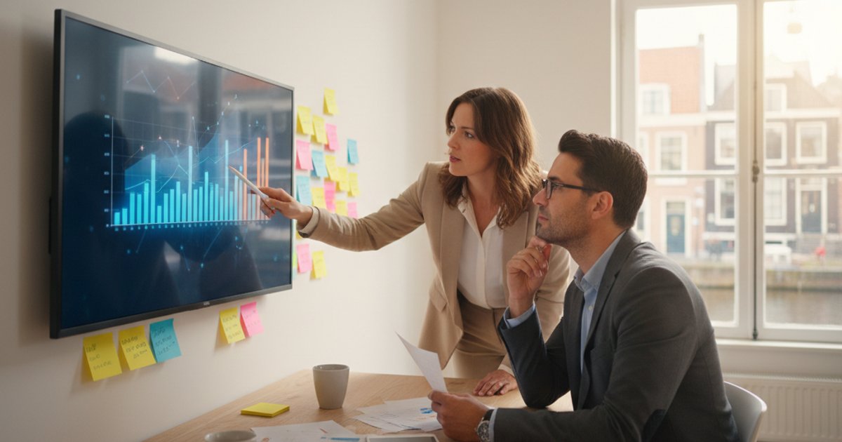 Twee zakenmensen bekijken financiële rapporten op groot scherm in modern Nederlands kantoor met notitieblokken en koffie