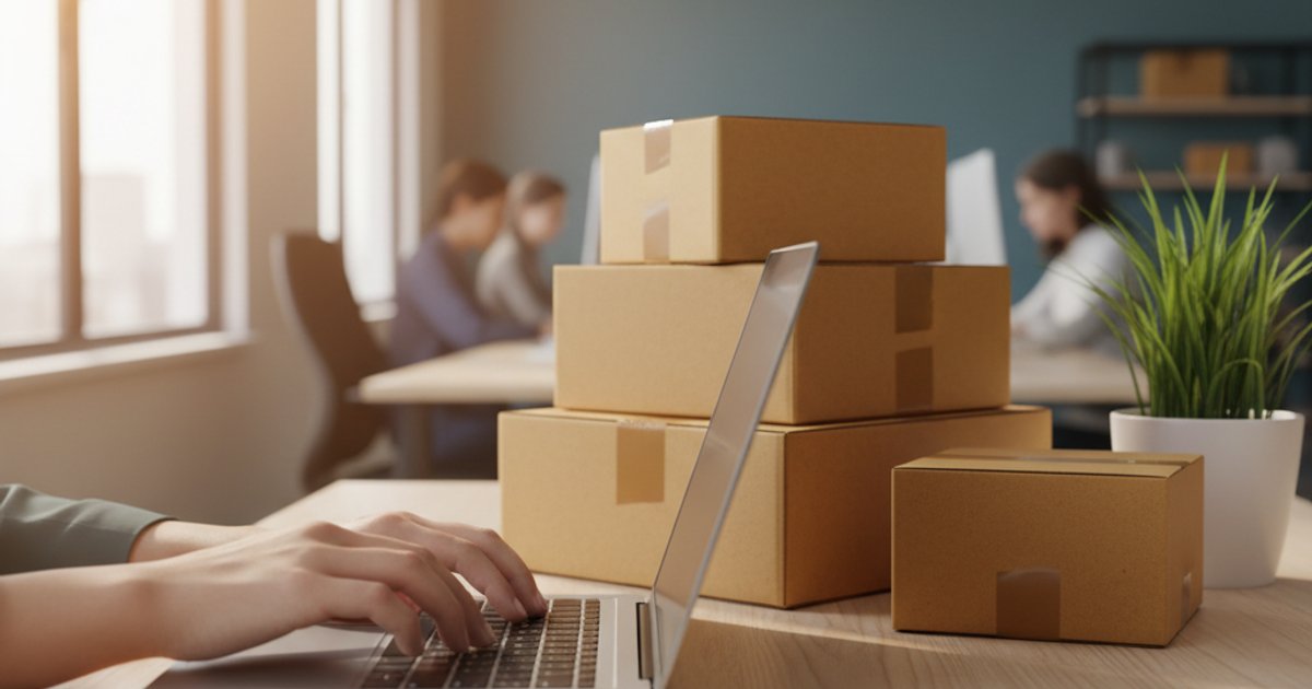 Close-up van handen die typen op laptop met verzendlabels en kartonnen dozen op achtergrond moderne werkplek