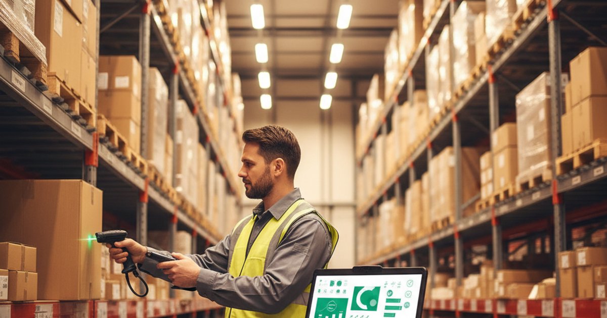 Warehouse medewerker scant pakket met handheld scanner terwijl laptop order dashboard toont moderne logistieke werkplek