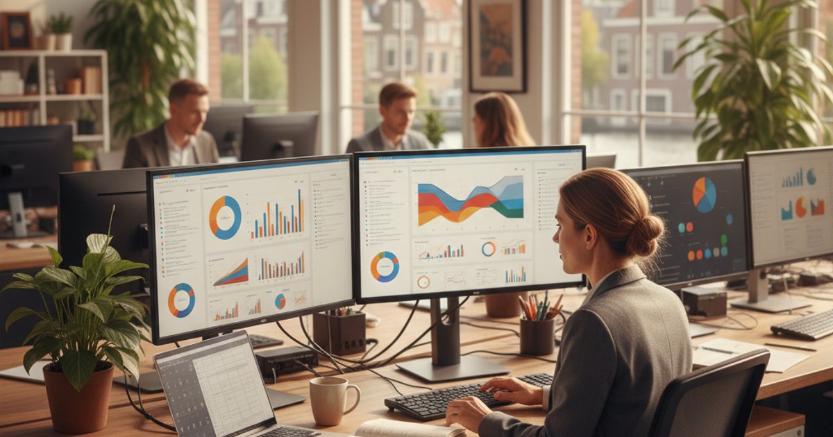 MKB-ondernemer werkt met meerdere softwaresystemen op verschillende schermen