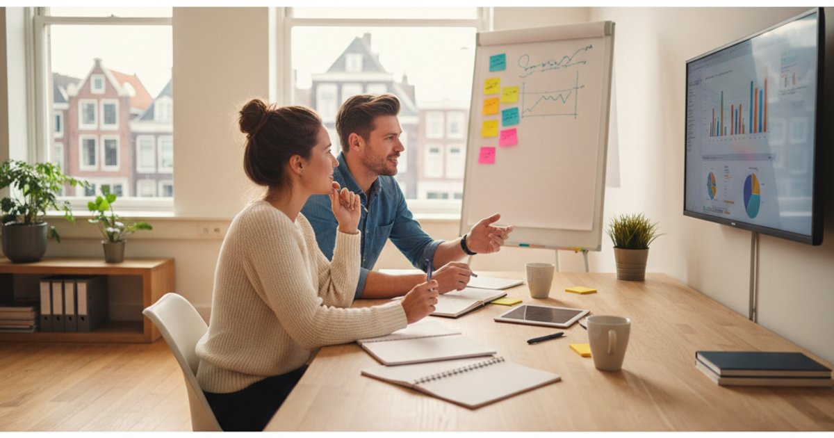 Zakelijke professionals analyseren financiële data en rapporten op groot scherm