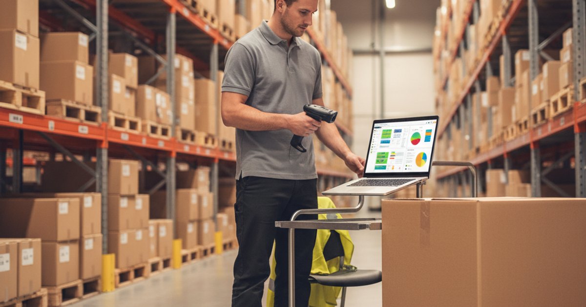 Magazijnmedewerker scant producten en bekijkt orderdashboard in modern warehouse