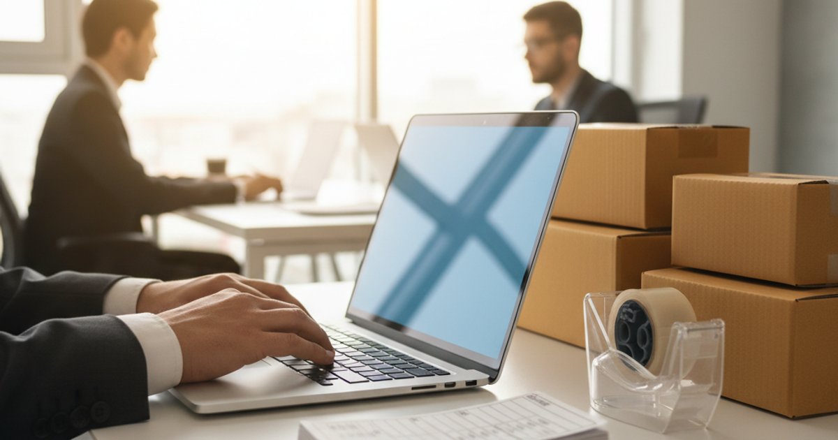 Handmatige orderverwerking met laptop, verzendlabels en pakketdozen op bureau