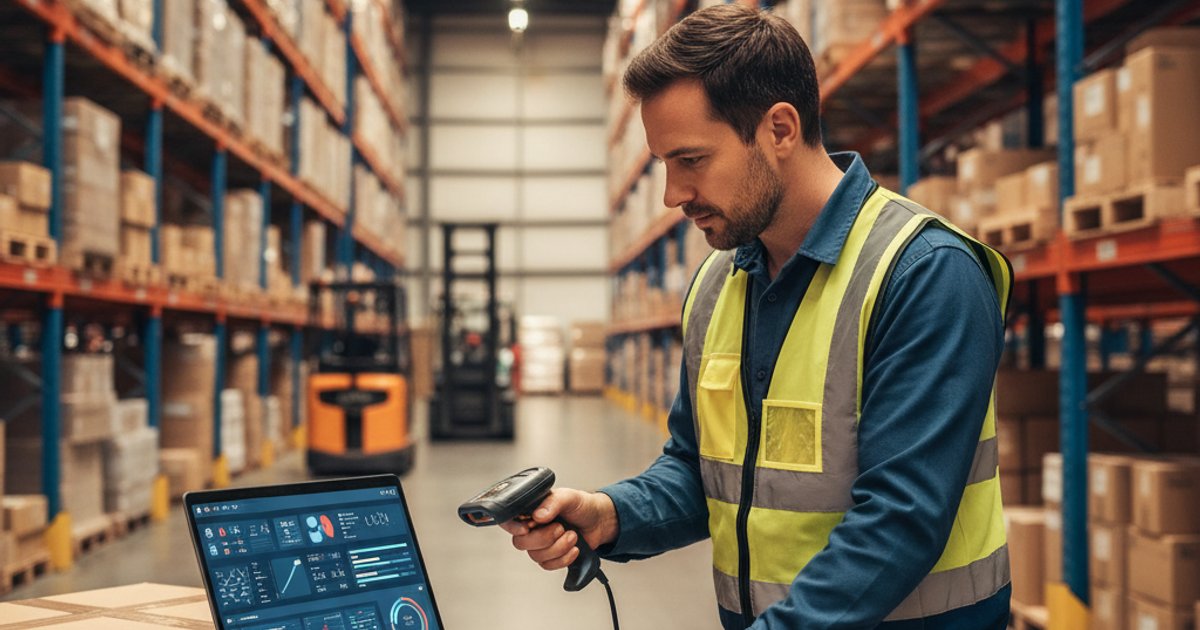 Magazijnmedewerker scant pakketten met barcodescanner terwijl hij dashboard op laptop bekijkt in modern groothandelsmagazijn