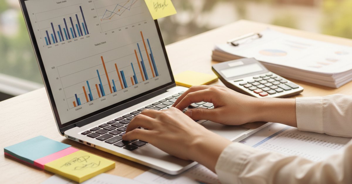 Close-up van handen die order invoeren op laptop met spreadsheets en rekenmachine op bureau modern kantoor