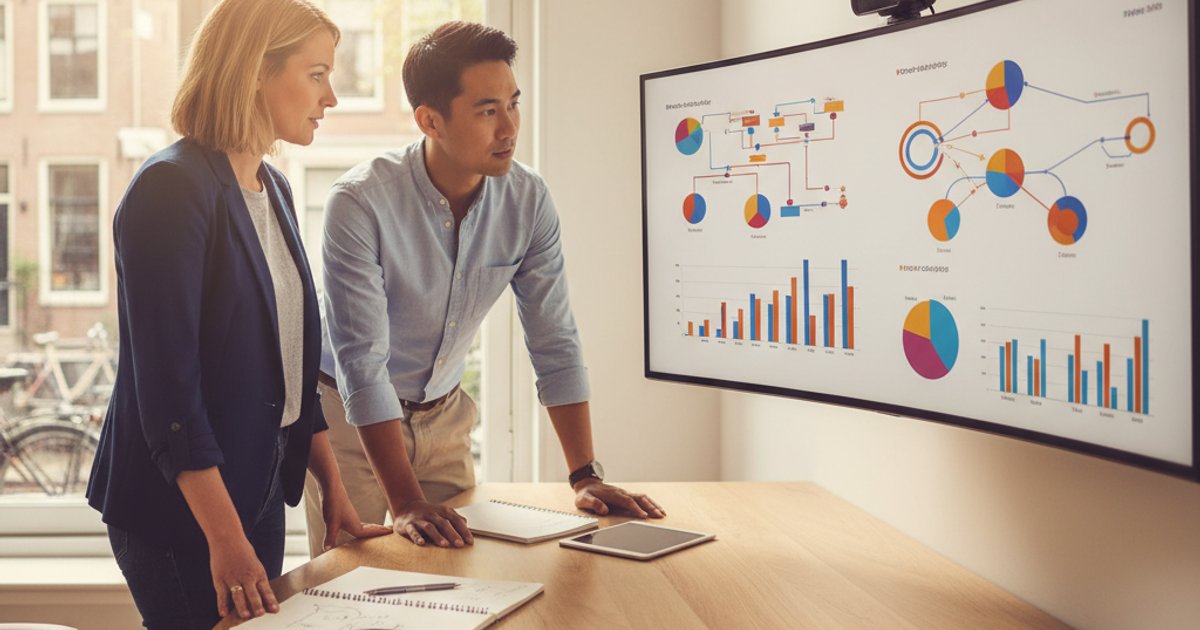 Twee professionals bespreken orderdashboard op groot scherm in modern Nederlands kantoor met grafieken en data