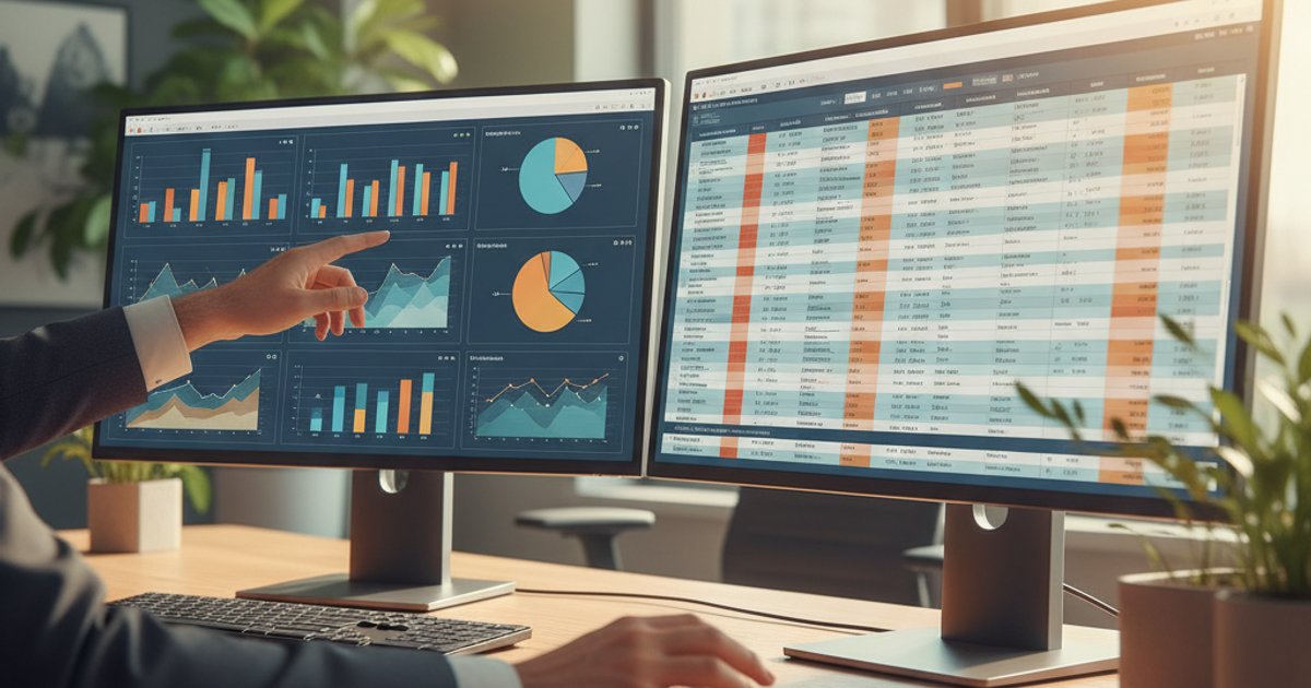 Close-up handen die data vergelijken tussen twee schermen met spreadsheets en dashboards