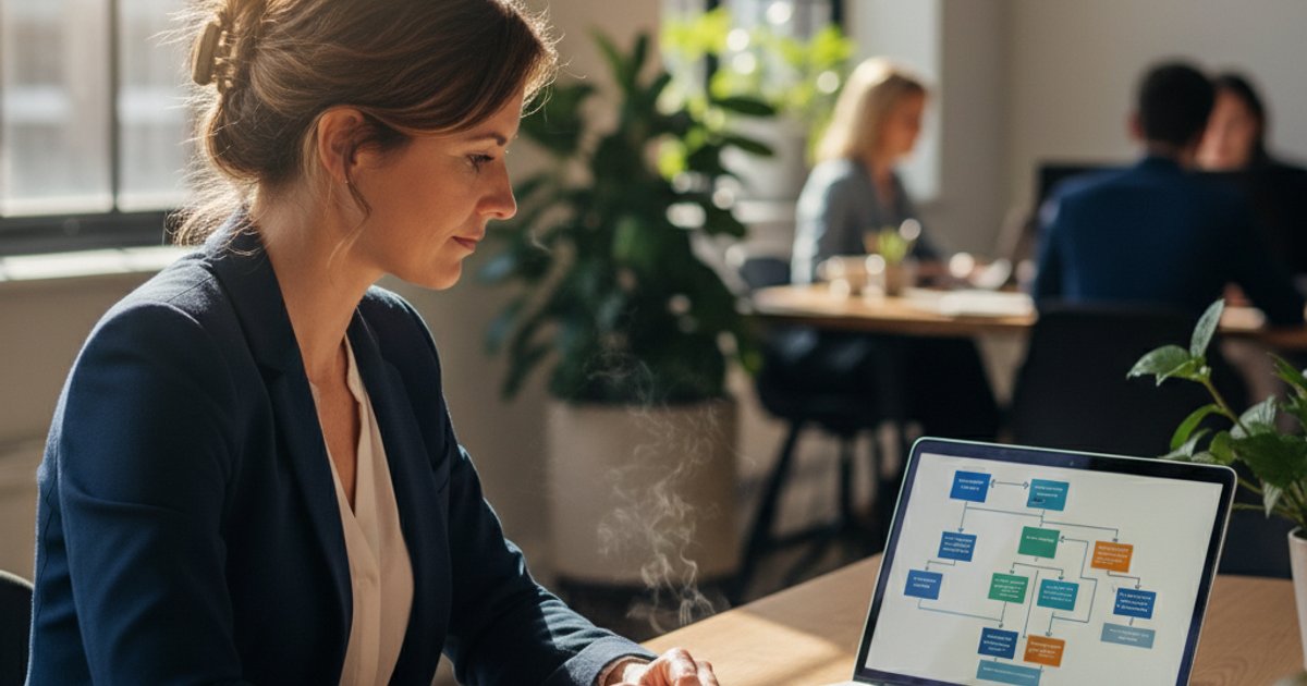 MKB ondernemer analyseert systeemintegratie checklist op laptop met flowchart diagram