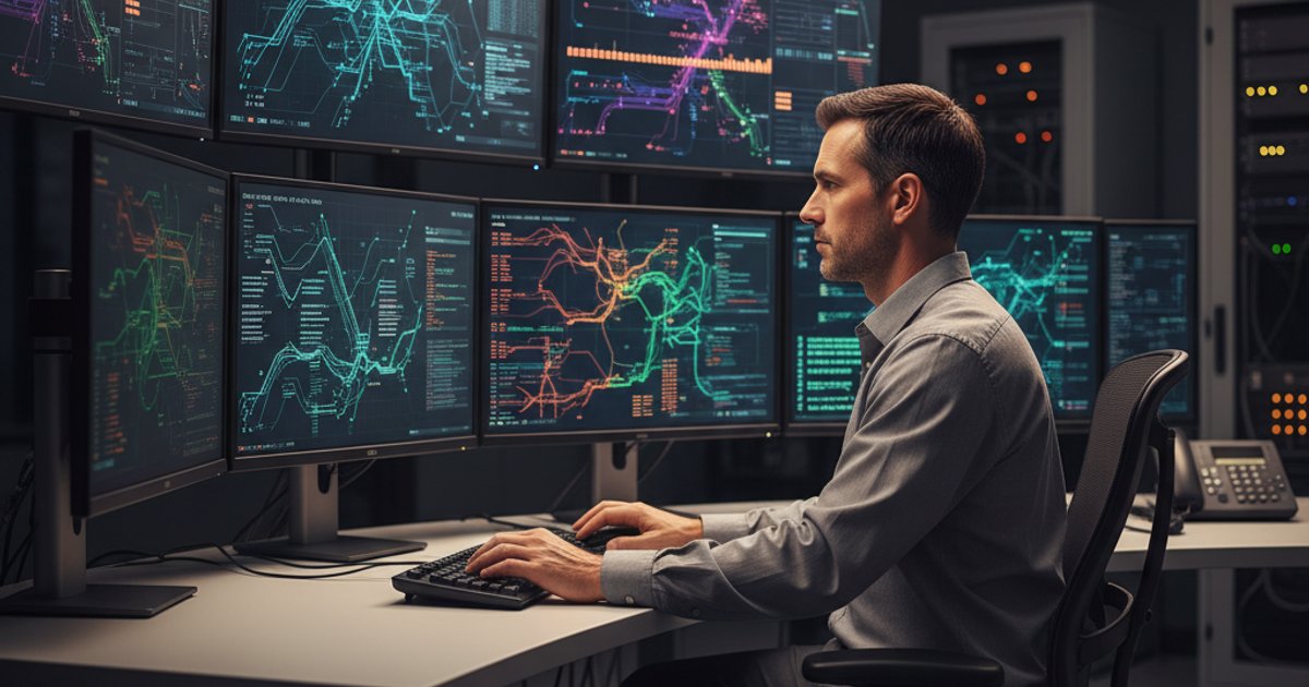 IT professional monitort meerdere dashboards met systeemintegratie logs op grote schermen