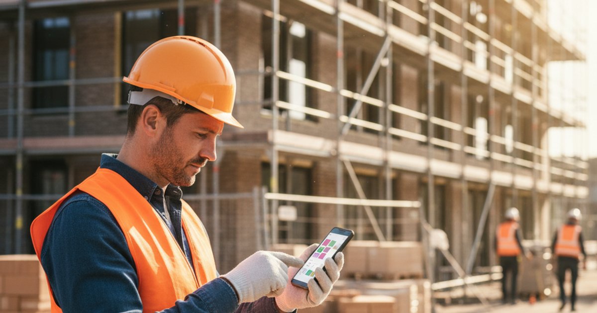 Monteur met smartphone registreert uren op bouwplaats met AFAS koppeling