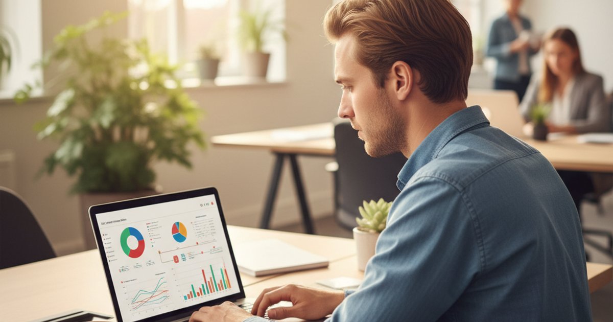 Ondernemer achter laptop met financiële dashboards en betalingsoverzichten