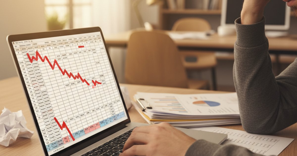 Close-up van laptop met spreadsheet vol foutmeldingen en financiële data