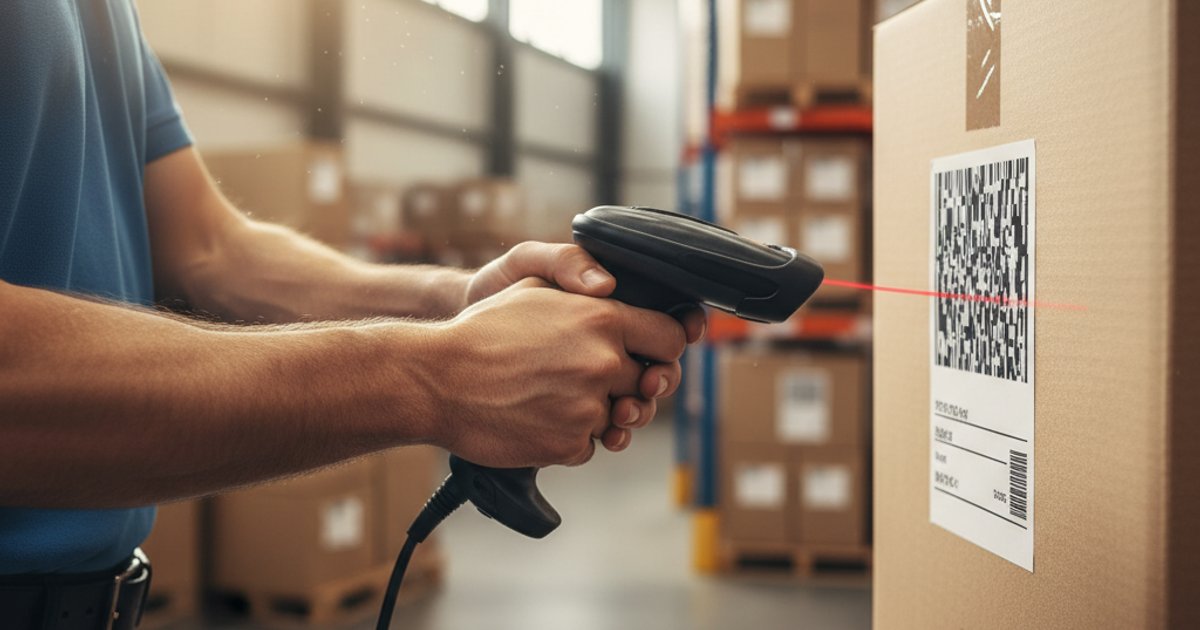 Medewerker scant verzendlabel met barcodescanner voor automatische track-and-trace registratie