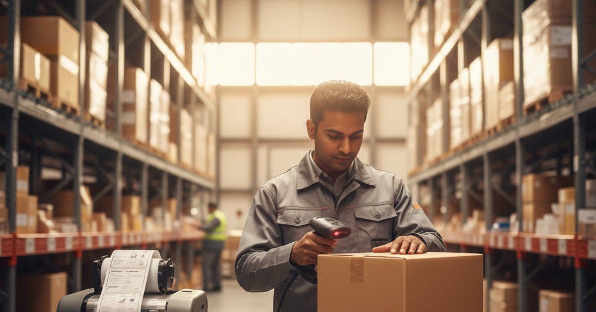 Magazijnmedewerker scant pakketten terwijl verzendlabels automatisch worden geprint via Sendcloud integratie