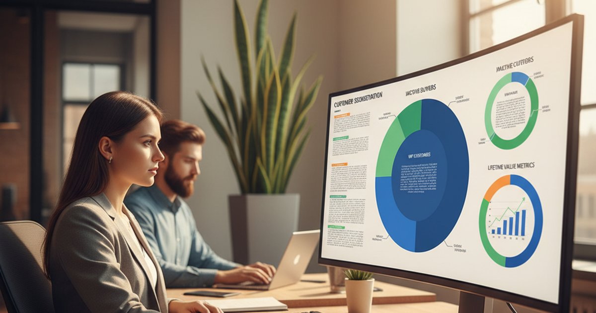 Dashboard met klantsegmentatie metrics en lifetime value grafieken op modern kantoor scherm