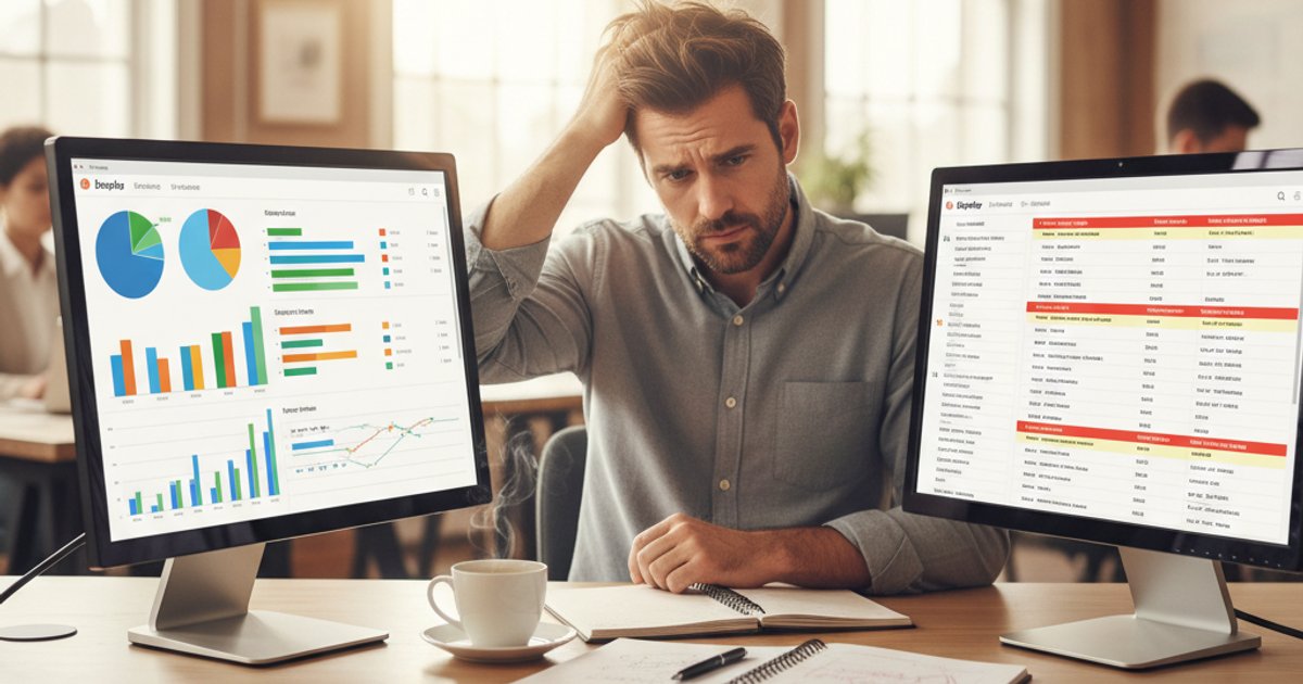 Webshop eigenaar die frustreerd naar twee verschillende systemen kijkt op laptop scherm