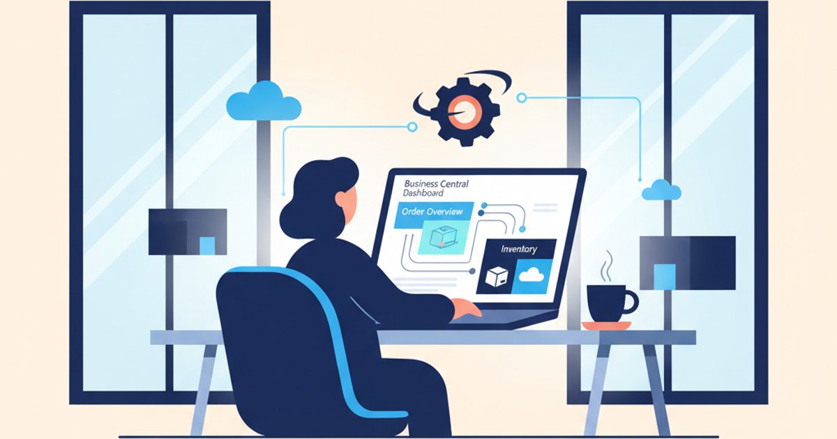 Medewerker achter laptop met Business Central orderoverzicht en voorraadscherm dashboard