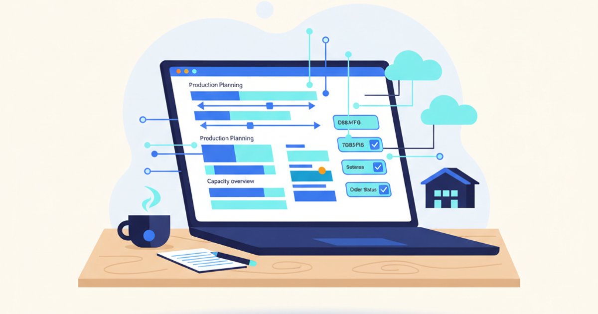Dashboard van ERP systeem met productieorders en capaciteitsplanning op laptop