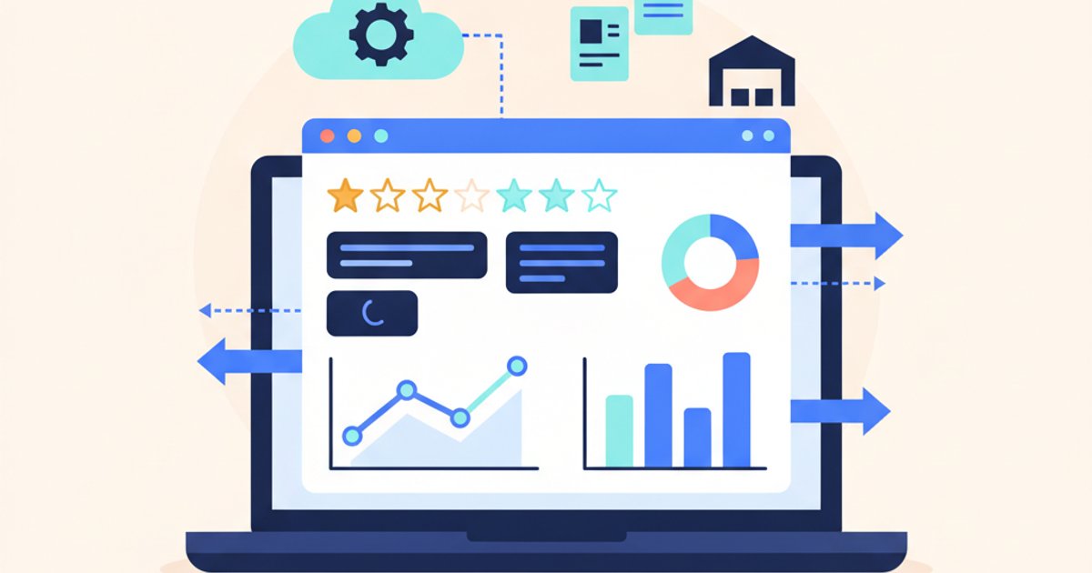Laptop scherm toont review platform dashboard met sterbeoordelingen en klanttevredenheidsstatistieken