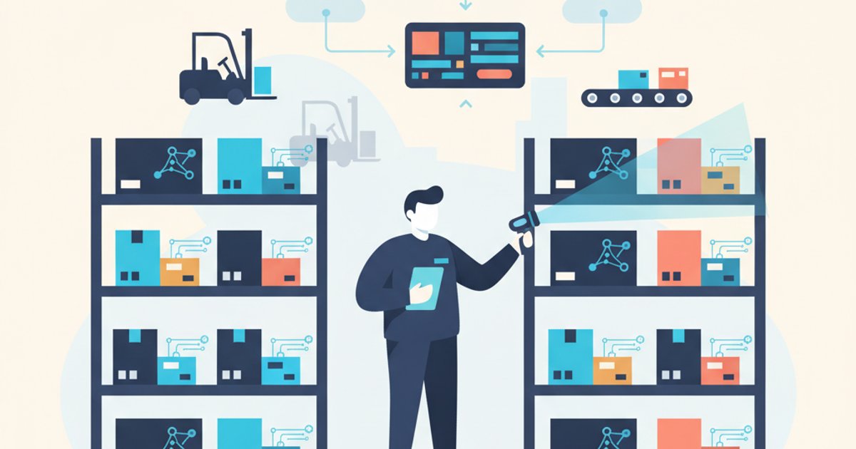 Magazijnbeheerder met tablet controleert voorraad tussen stellingen in modern warehouse