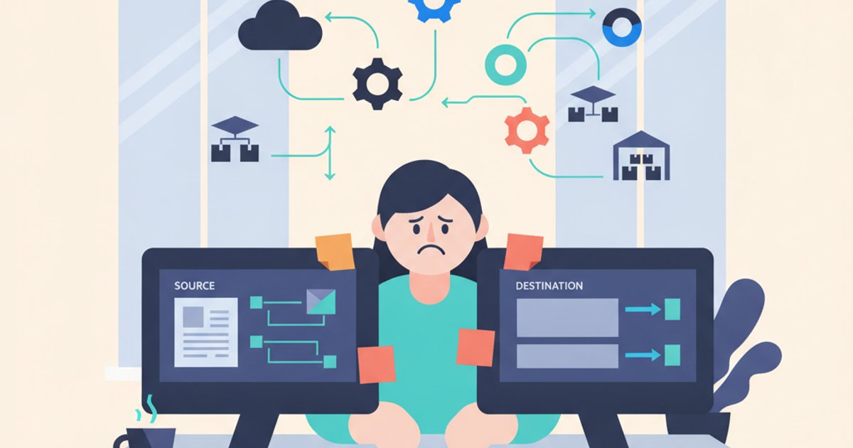 Medewerker aan bureau met twee computerschermen die handmatig ordergegevens overtypt tussen systemen