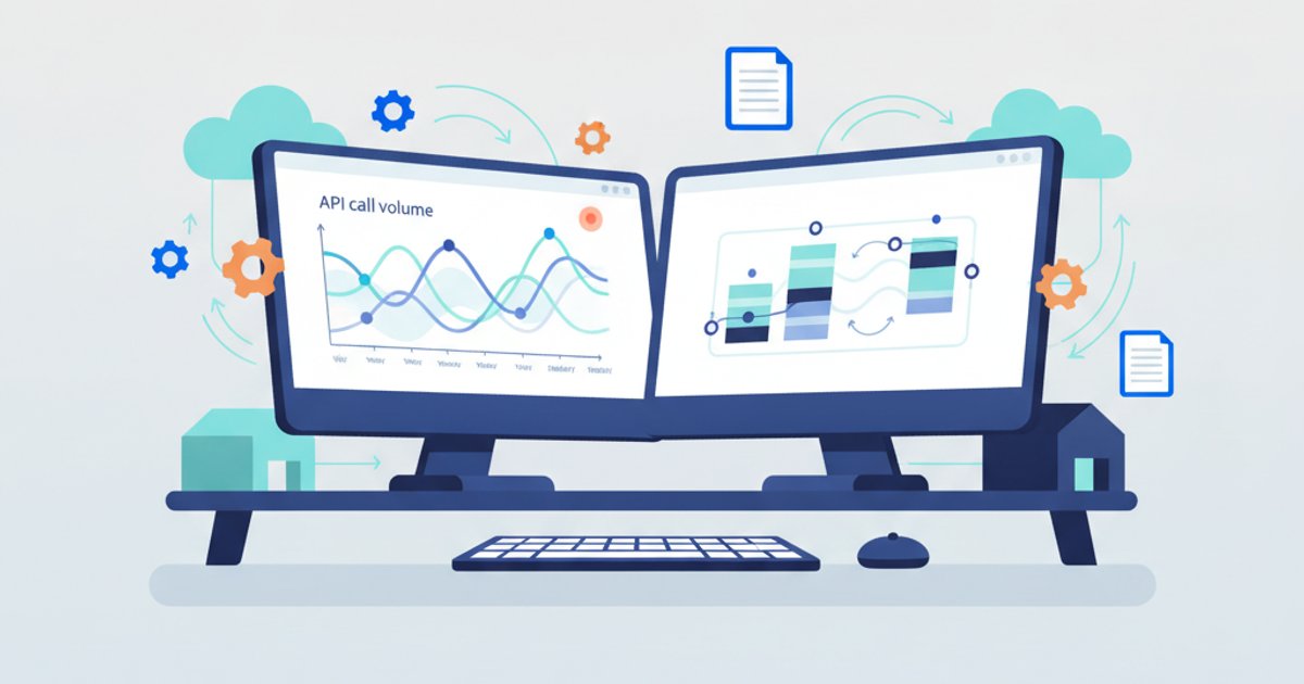 Technisch dashboard met grafieken van API call volumes en rate limit thresholds over een weekperiode