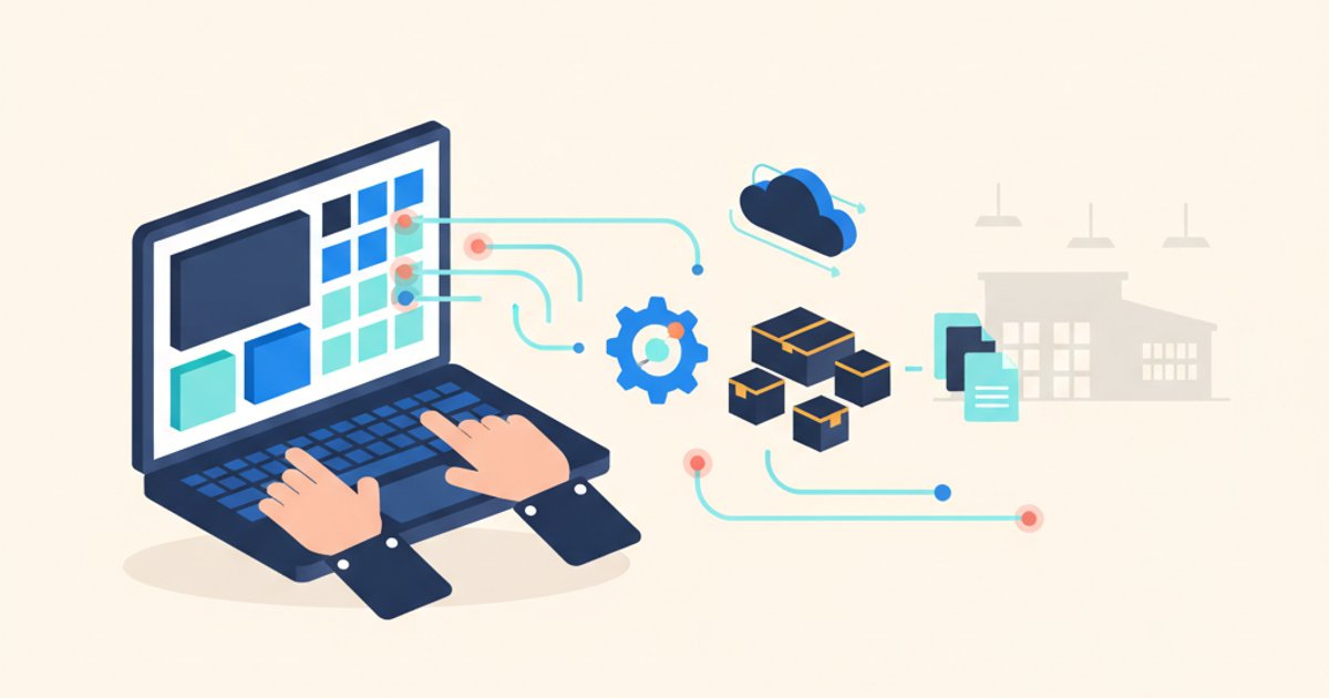 Productie-ERP dashboard met voorraad en artikelcodes, magazijn op achtergrond