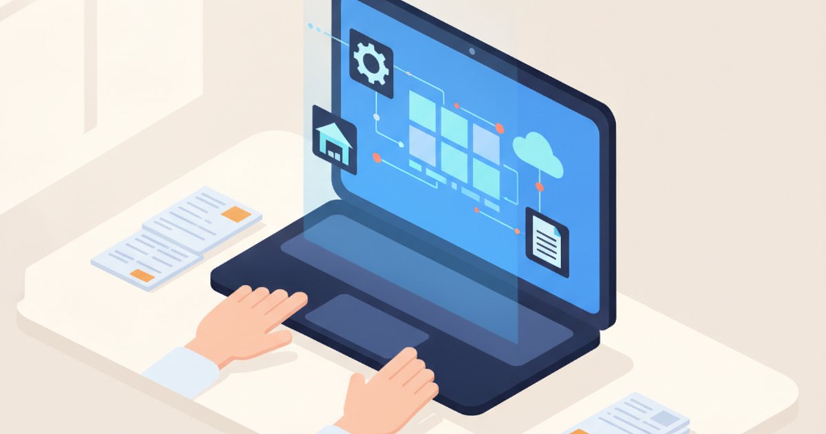 Laptop met integratiedashboard tussen orderformulieren en verzendlabels op kantoorbureau