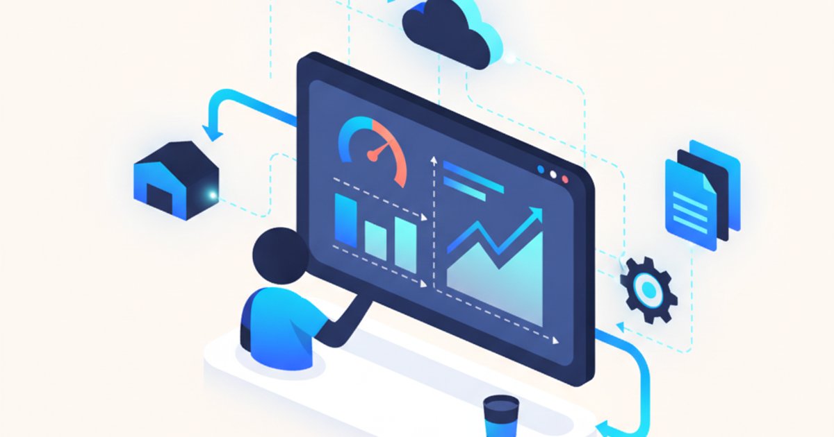 Medewerker bekijkt dashboard met real-time processtatistieken op groot scherm