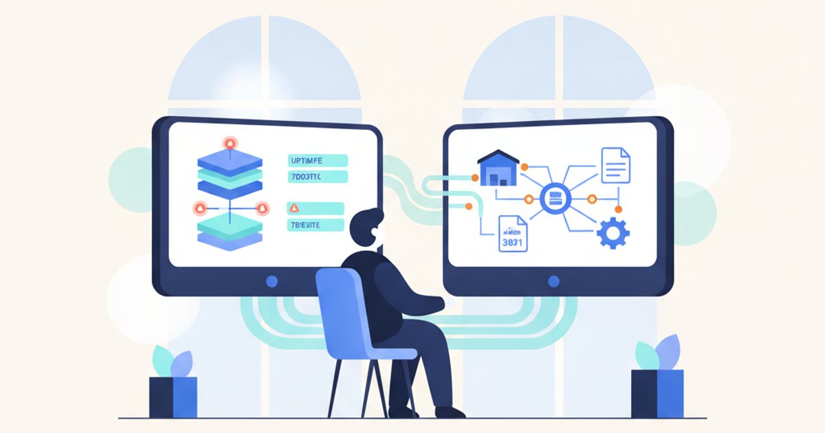 Medewerker controleert systeemintegratie dashboard met uptime monitoring en waarschuwingen