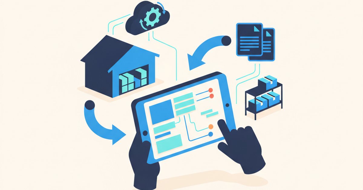 Warehouse manager bekijkt voorraadoverzicht op tablet tussen stellingen